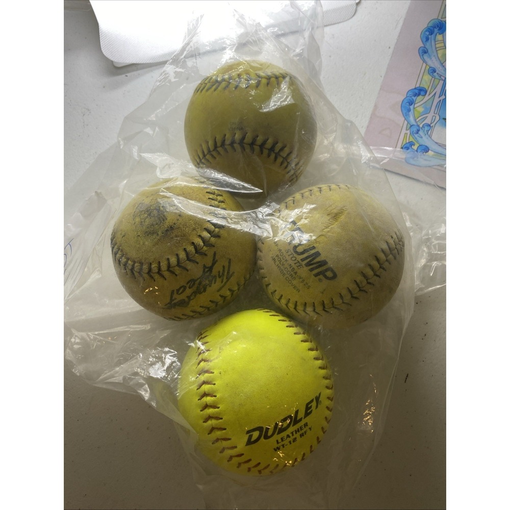 Lot of 4 Used 12 Inch Softballs Dudley The Rock Trump Yellow Practice Balls C